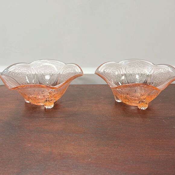 M-Hazel atlas depression glass pink royal lace ruffled edge‎ candle holders from - Picture 1 of 5